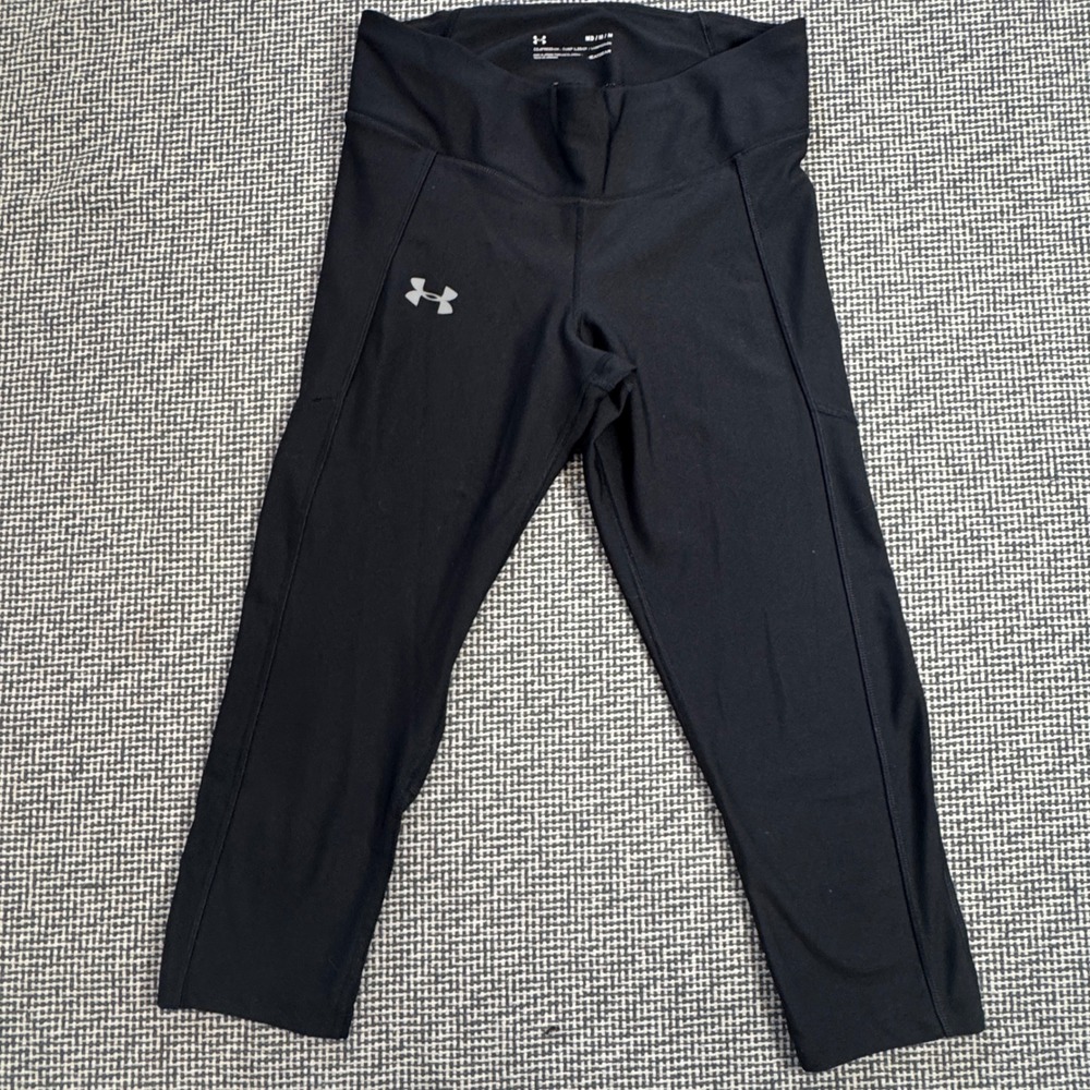 Under Armour HeatGear Black Compression Crop Legging Women Medium Zipper Pockets